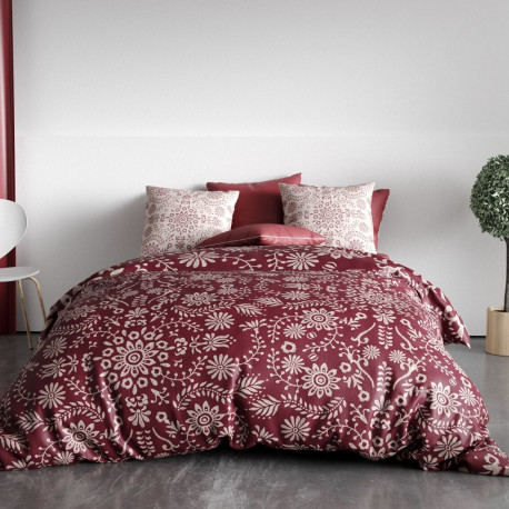 Housse de couette 200x200 cm VISHKA + 2 taies - pur coton bio 57 fils - Motifs fleuris sur fond pourpre - Finition boutons