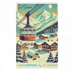 Torchons esprit montagne sur fond blanc 100% coton 50x70cm village avec détails de station