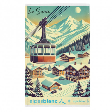 Torchons esprit montagne sur fond blanc 100% coton 50x70cm village avec détails de station