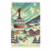 Torchons esprit montagne sur fond blanc 100% coton 50x70cm village avec détails de station