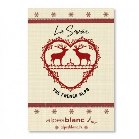 Torchons esprit montagne sur fond blanc,  100% coton 50x70cm winter rouge, détils savoie rouge et blanc