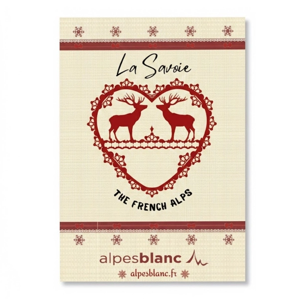 Torchons esprit montagne sur fond blanc,  100% coton 50x70cm winter rouge, détils savoie rouge et blanc