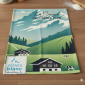 Torchons esprit montagne sur fond d'ambiance, table en bois 100% coton 50x70cm montagne été, motif et détails montagnard en été