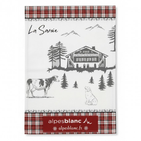 Torchon de cuisine Alpage motif Savoie rouges et gris avec chalet, vache et carreaux, 50x70 cm, 100% coton