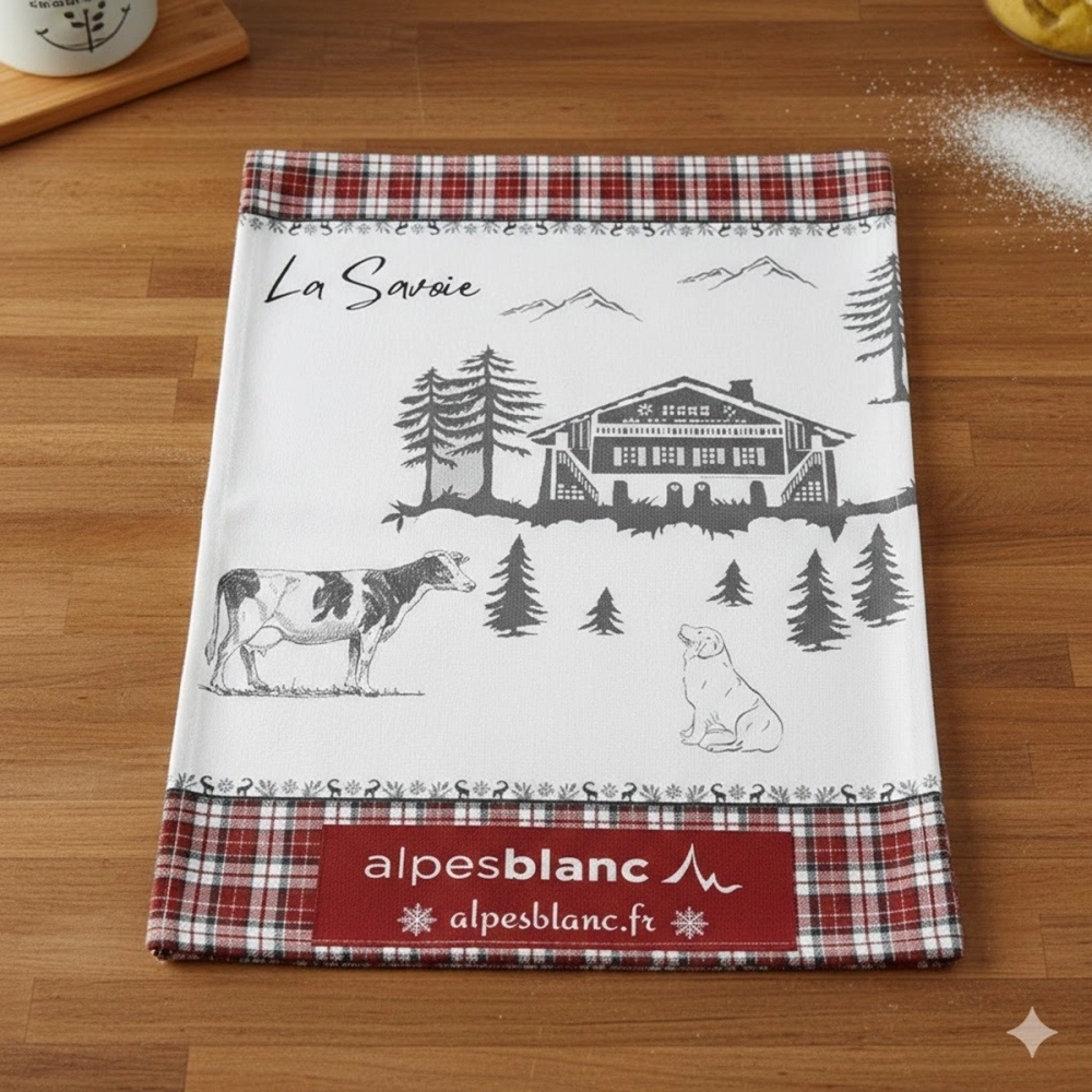 Torchon de cuisine Alpage rouge et gris 50x70 cm - 100% coton - Dessin montagne esprit Savoie - Lavable en machine