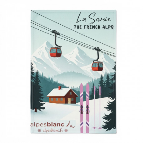 Torchon de cuisine vintage Alpes Blanc avec télécabines rouges, chalet et skis dans la neige, 100% coton.