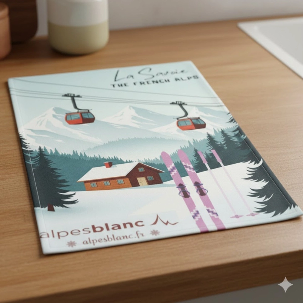 Torchon de cuisine Station Savoie 50x70 cm - 100 % coton - Design affiche rétro - Lavable en machine
