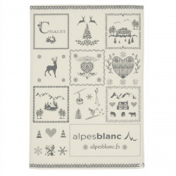 torchon de cuisine montagne gris, dessins savoyard gris sur fond beige, 100% coton 50x70cm sur fond blanc.