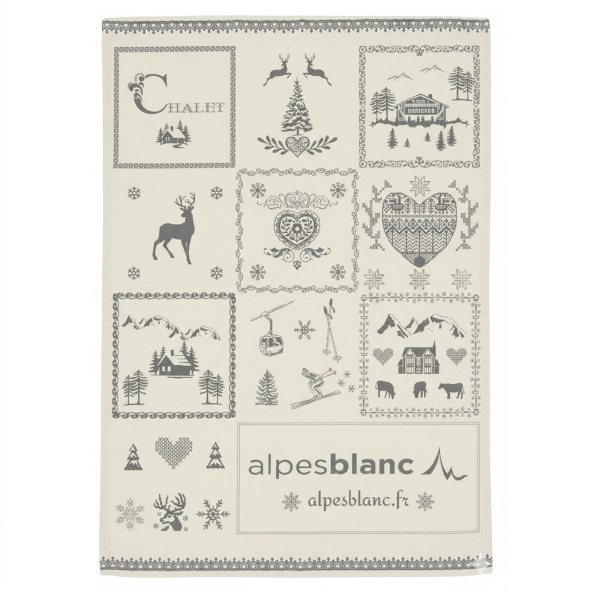 torchon de cuisine montagne gris, dessins savoyard gris sur fond beige, 100% coton 50x70cm sur fond blanc.