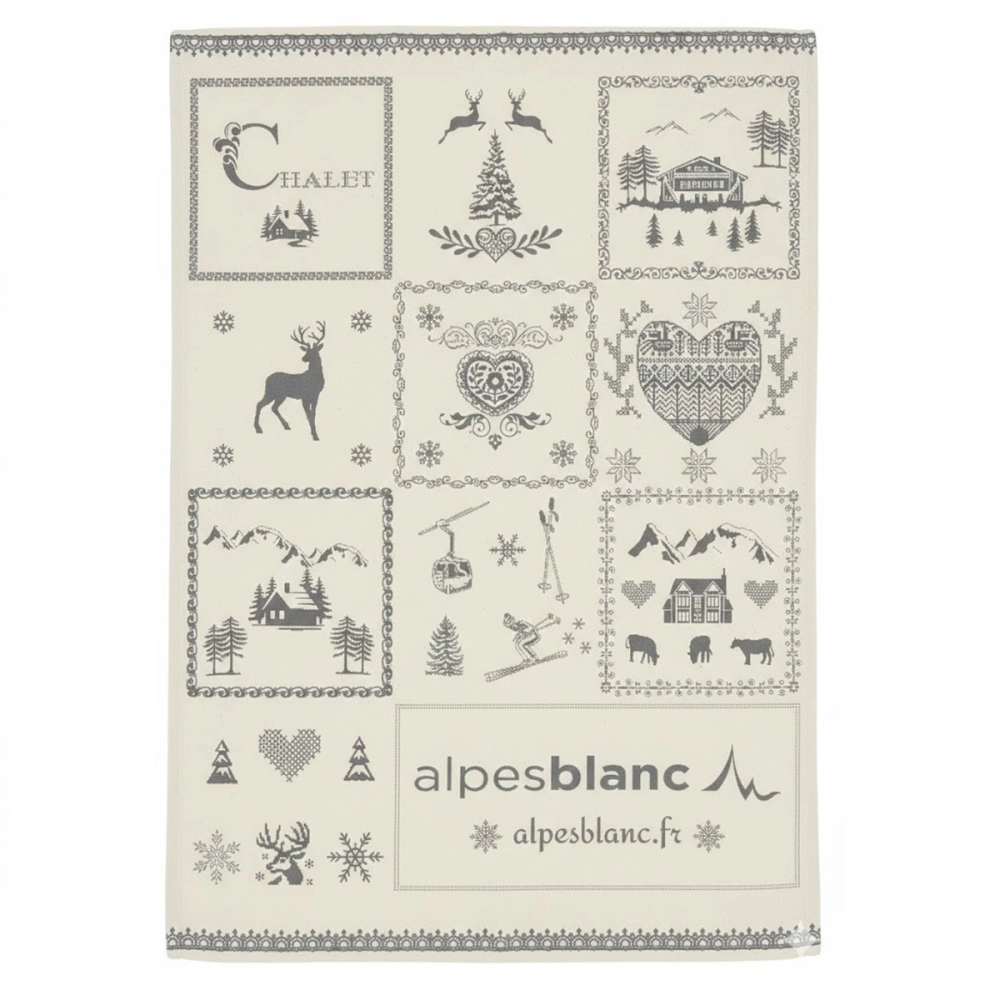 Torchon de cuisine montagne gris 50x70 cm - 100 % coton - Décors chalet rustique - Lavable en machine