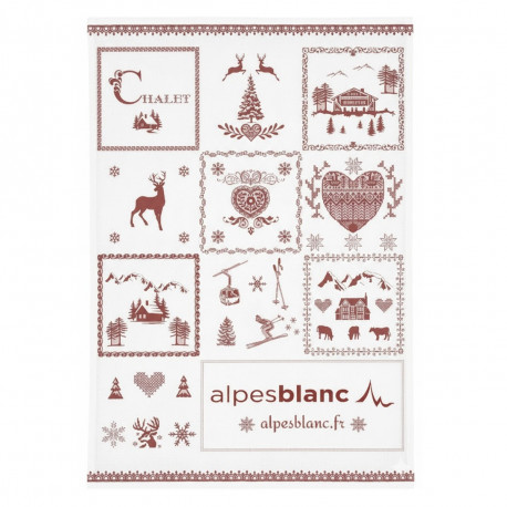 Torchon montagne rouge, motif savoyard rouge sur fond blanc, motif chalet, cerf, coeur rouge, skieurs. visuel sur fond blanc.