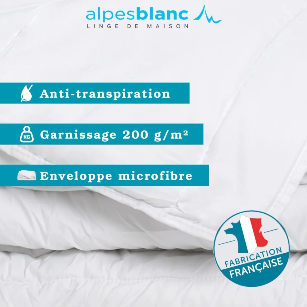 Couette été anti-transpiration 200 g/m² - Légère et respirante - Fabrication Française - Enveloppe toucher peau de pêche