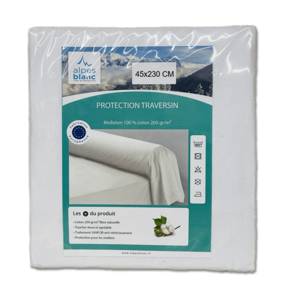 Protège traversin 45x230 cm coton molleton 200g - Sous-taie absorbante et respirante, protection pour traversins 160 et 180 cm