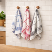 Lot de 6 torchons à carreaux, bleu, rouge, et gris, motif canard 100% coton, absorbant dans une cuisine suspendu au accroche