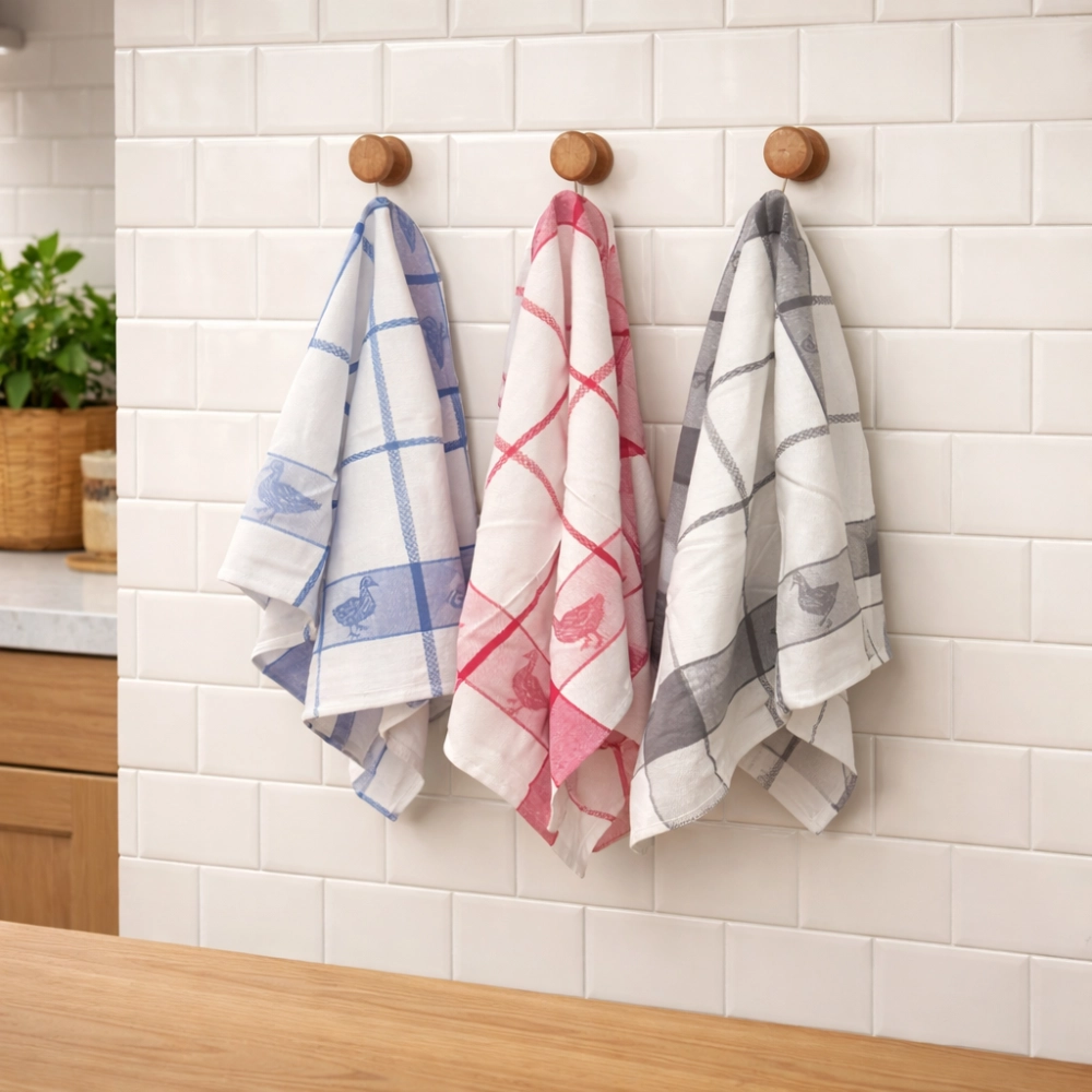 Lot de 6 torchons à carreaux motif canard rouge, bleu et gris 100% coton jacquard 50x70cm