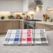 Lot de 6 torchons à carreaux, bleu, rouge, et gris, motif canard 100% coton, absorbant dans une cuisine suspendu au accroche