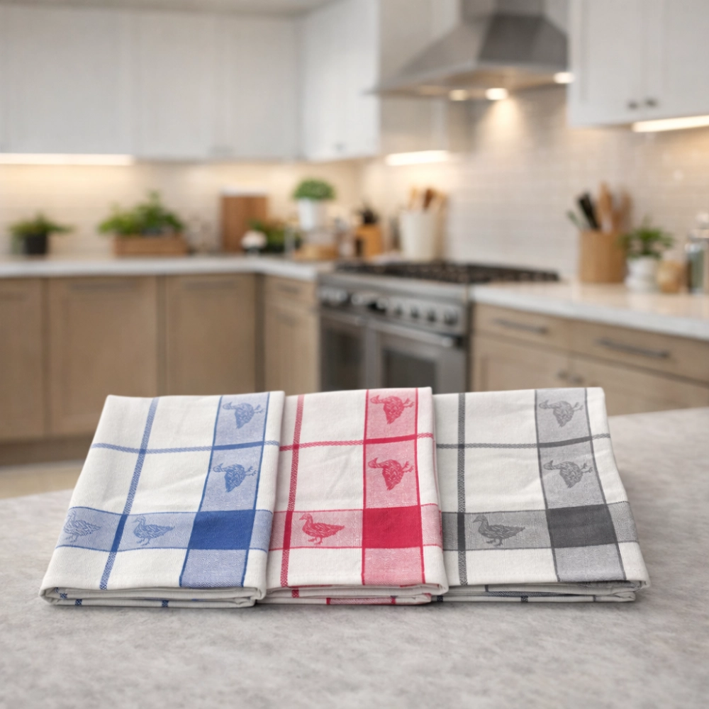 Lot de 6 torchons à carreaux motif canard rouge, bleu et gris 100% coton jacquard 50x70cm
