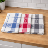 Lot de 6 torchons à carreaux motifs cerises rouge, bleu, gris 100% coton tissage jacquard, 50x70cm.