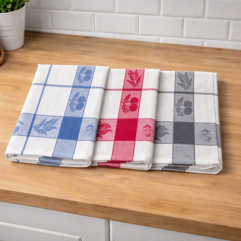 Lot de 6 torchons à carreaux motif cerises bleu, rouge et gris 100% coton jacquard 50x70cm
