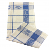 Torchons motifs cerise bleu 100% coton tissage jacquard, 50x70cm, sur fond blanc.