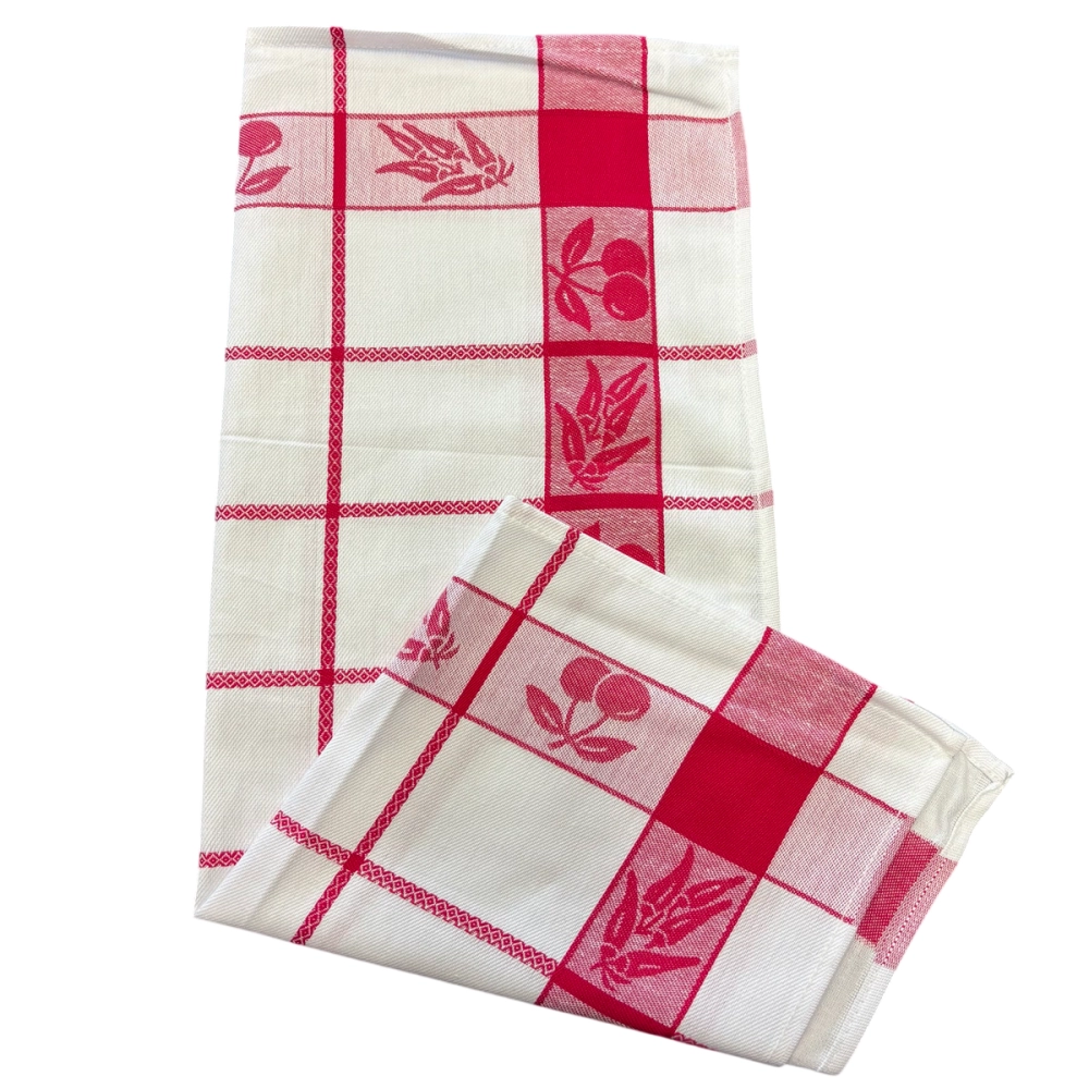 Lot de 6 torchons à carreaux motif cerises bleu, rouge et gris 100% coton jacquard 50x70cm