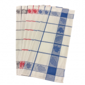 Lot de 6 torchons à carreaux bleu, rouge, gris et à motif vfeuille de vigne, visuel sur fond blanc, 6 étalés