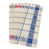 Lot de 6 torchons à carreaux motif feuilles de vignes bleu, rouge et gris 50x70 cm - 100% coton tissage jacquard
