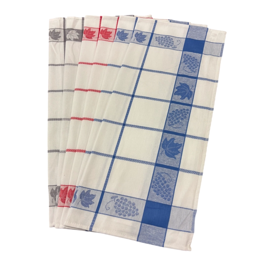 Lot de 6 torchons à carreaux motif feuilles de vignes bleu, rouge et gris 50x70 cm - 100% coton tissage jacquard