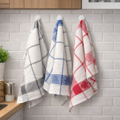 Lot de 6 torchons à carreaux bleu, rouge, gris et à motif vfeuille de vigne, visuel d'ambiance cuisine