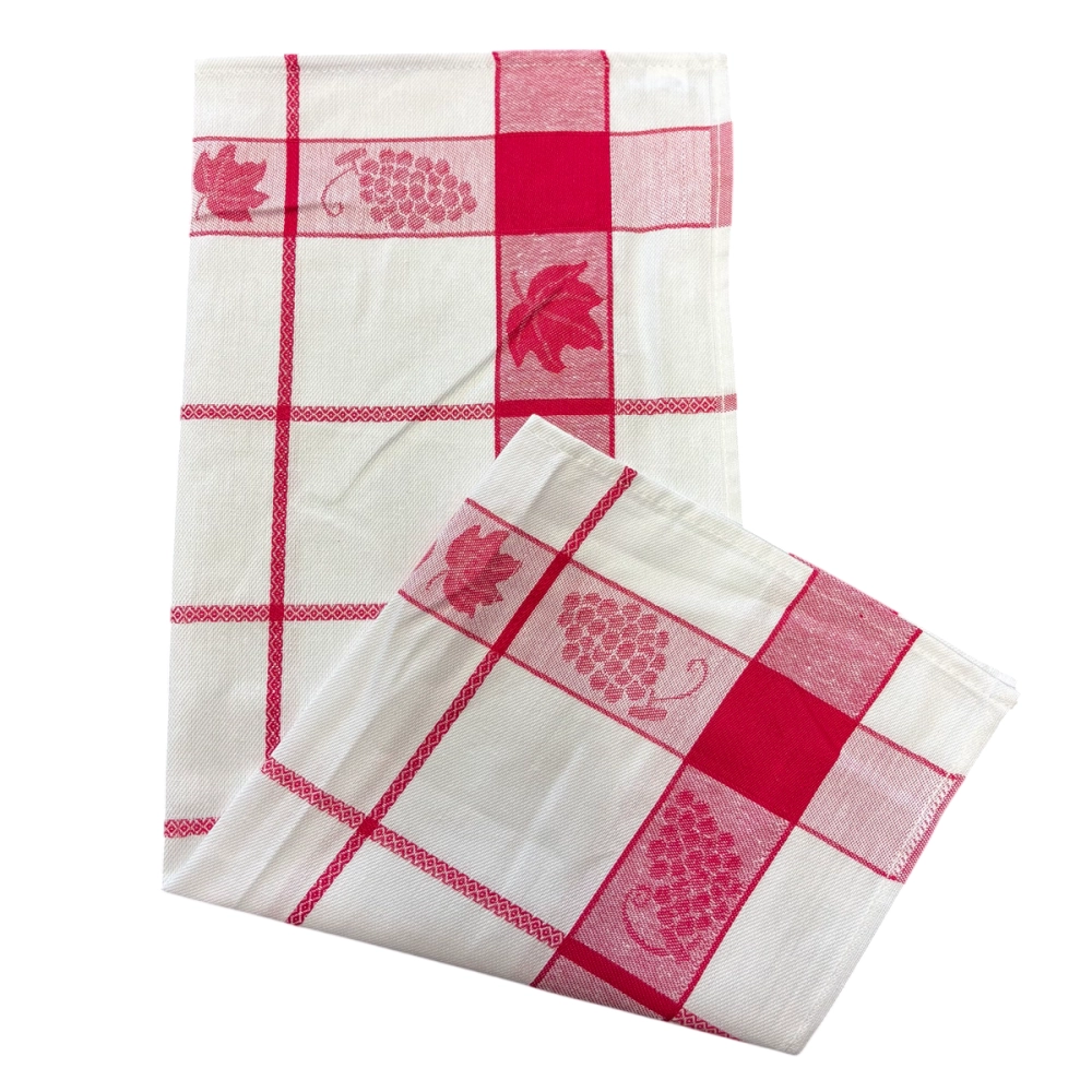 Lot de 6 torchons à carreaux motif feuilles de vignes bleu, rouge et gris 50x70 cm - 100% coton tissage jacquard