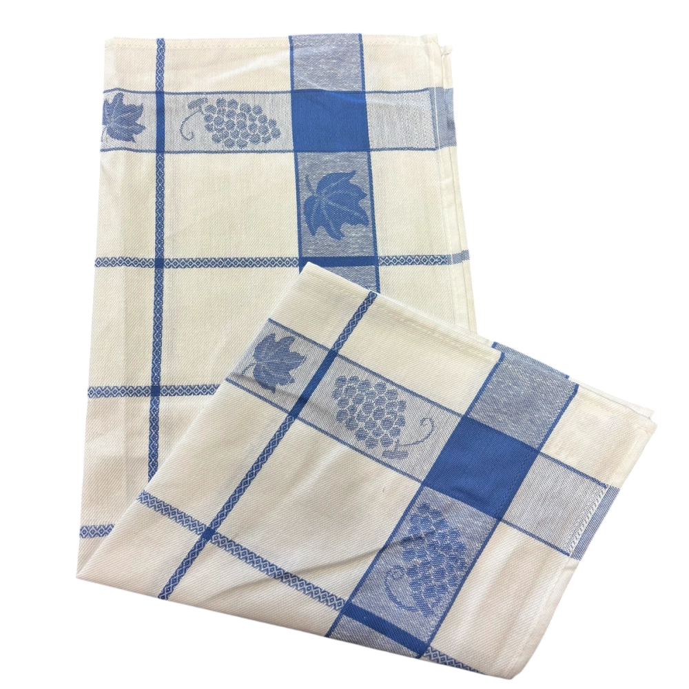 Lot de 6 torchons à carreaux motif feuilles de vignes bleu, rouge et gris 50x70 cm - 100% coton tissage jacquard