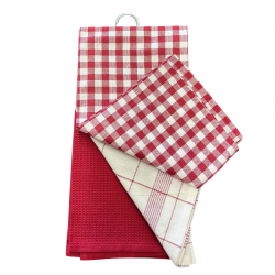 lot de 3 torchons 50x70cm motif rouge à carreaux rappel montagnard avec 1 torchon rouge en nid d'abeille