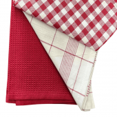 détails lot de 3 torchons 50x70cm motif rouge à carreaux rappel montagnard avec 1 torchon rouge en nid d'abeille