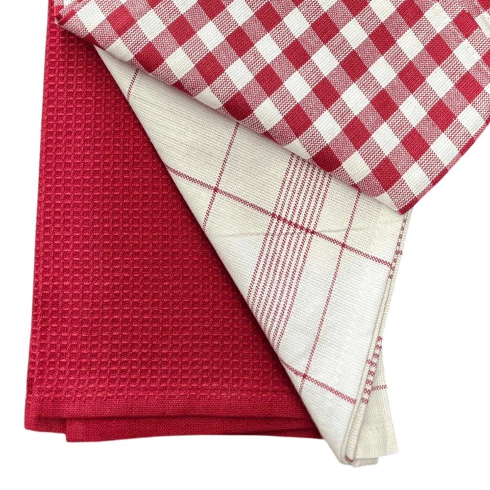 Lot de 3 torchons à carreaux rouges motif rappel montagnard 50x70 cm - 100% coton avec 1 torchon nid d'abeille