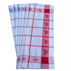 Lot de 6 torchons à carreaux, bleu, rouge, et gris, motif canard 100% coton, fond blanc
