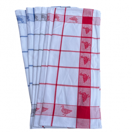 Lot de 6 torchons à carreaux, bleu, rouge, et gris, motif canard 100% coton, fond blanc