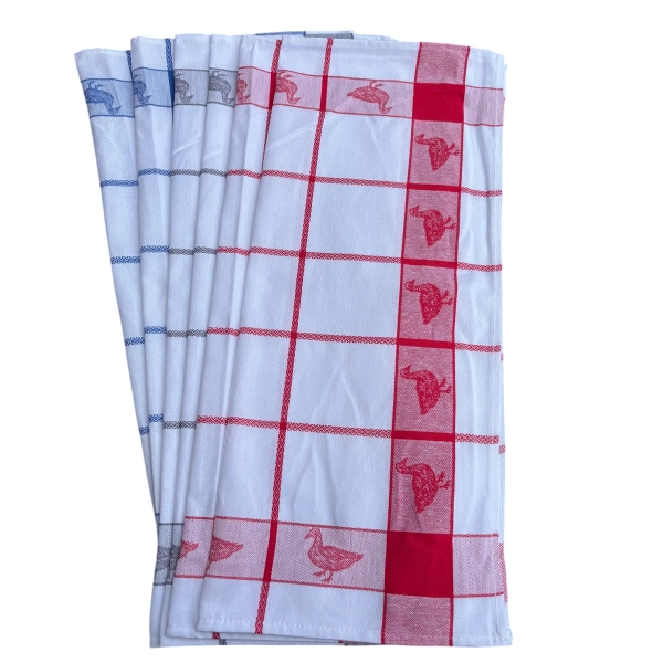 Lot de 6 torchons à carreaux, bleu, rouge, et gris, motif canard 100% coton, fond blanc