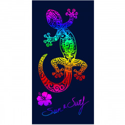 Serviette de plage lézard multicolore sur fond bleu, en 100% coton tissage jacquard 90x70cm