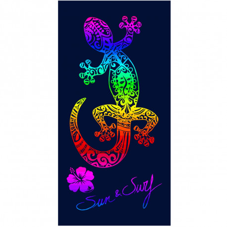 Serviette de plage lézard multicolore sur fond bleu, en 100% coton tissage jacquard 90x70cm