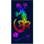 Drap de plage Lézard multicolore sur fond bleu 90x170 cm - Serviette de plage 100 % coton tissage jacquard, douce et absorbante