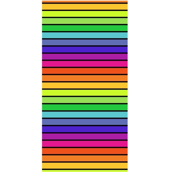 Serviette de plage au motif rayures multicolore, idéale pour les sorties plage cette été. 90x170cm, 100% coton