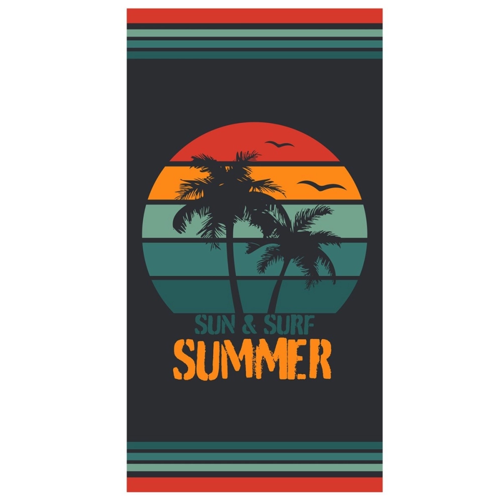 Drap de plage summer pastel sur fond noir 90x170 cm - Serviette de plage 100 % coton tissage jacquard, douce et absorbante