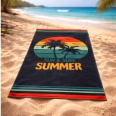Drap de plage summer pastel sur fond noir 90x170 cm - Serviette de plage 100 % coton tissage jacquard, douce et absorbante