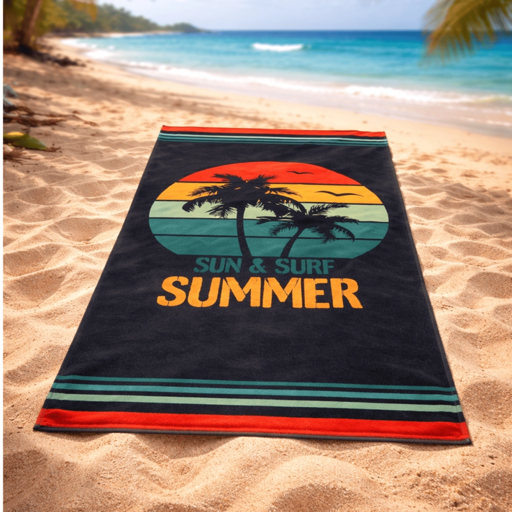 Drap de plage summer pastel sur fond noir 90x170 cm - Serviette de plage 100 % coton tissage jacquard, douce et absorbante