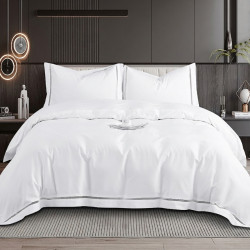 Housse de couette blanche brodée 220x240 cm satin de coton 120 fils/cm² avec 2 taies à volant 65x65 cm