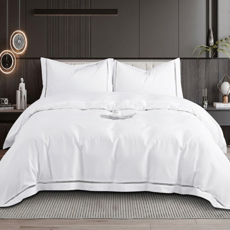 Housse de couette blanche brodée 220x240 cm satin de coton 120 fils/cm² avec 2 taies à volant 65x65 cm