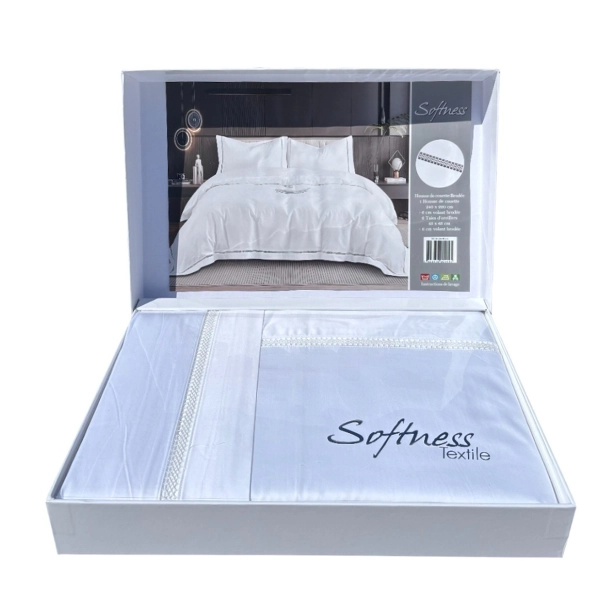 Housse de couette brodée 220x240 cm satin de coton 120 fils/cm² avec taies à volant 65x65 cm - Luxe et élégance