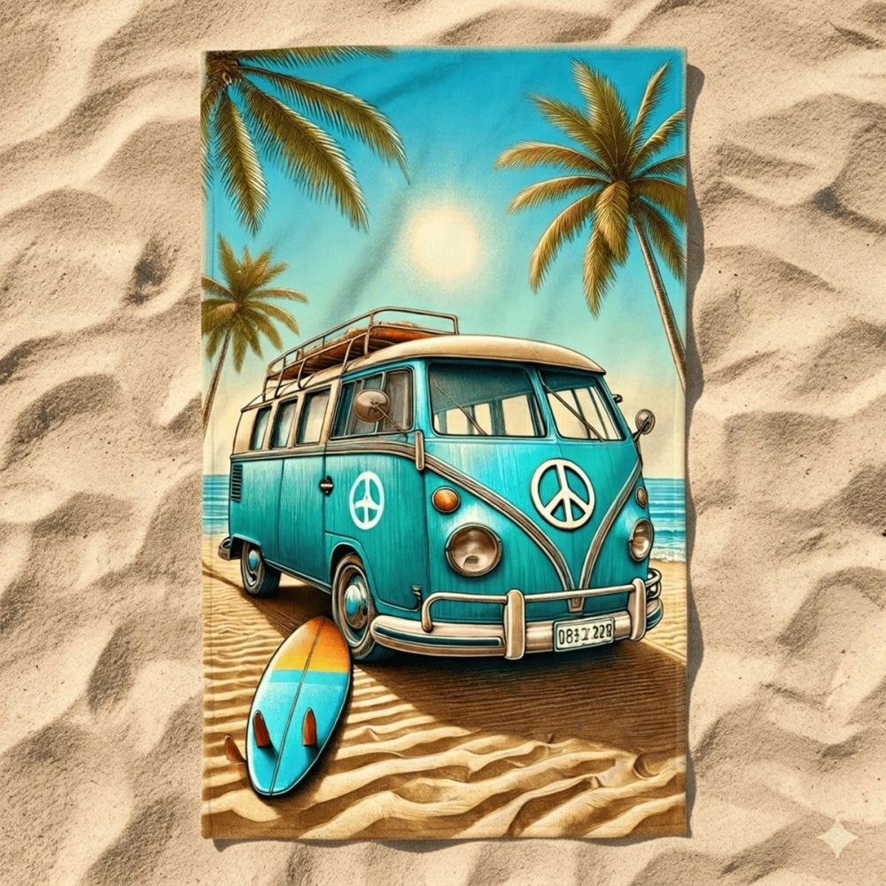 Serviette de plage imprimée Van life 100 % coton doux 90x170 cm - Style rétro, légère et absorbante