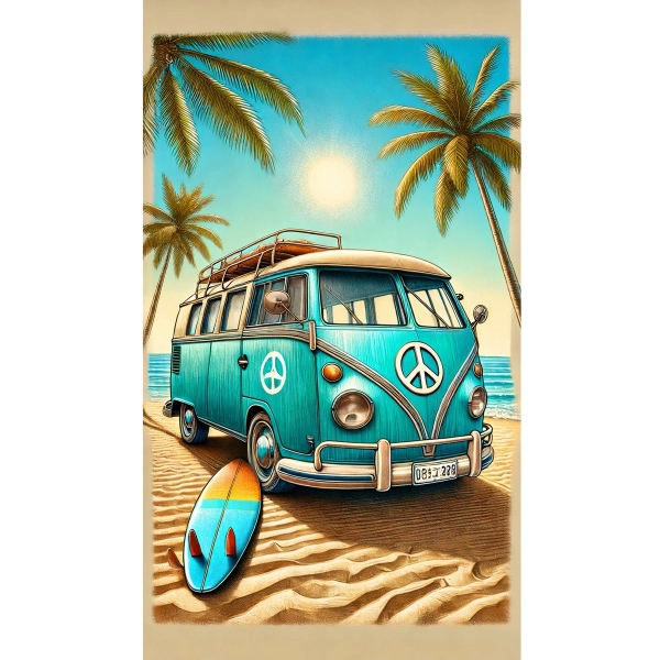 Serviette de plage imprimée Van life 100 % coton doux 90x170 cm - Style rétro, légère et absorbante