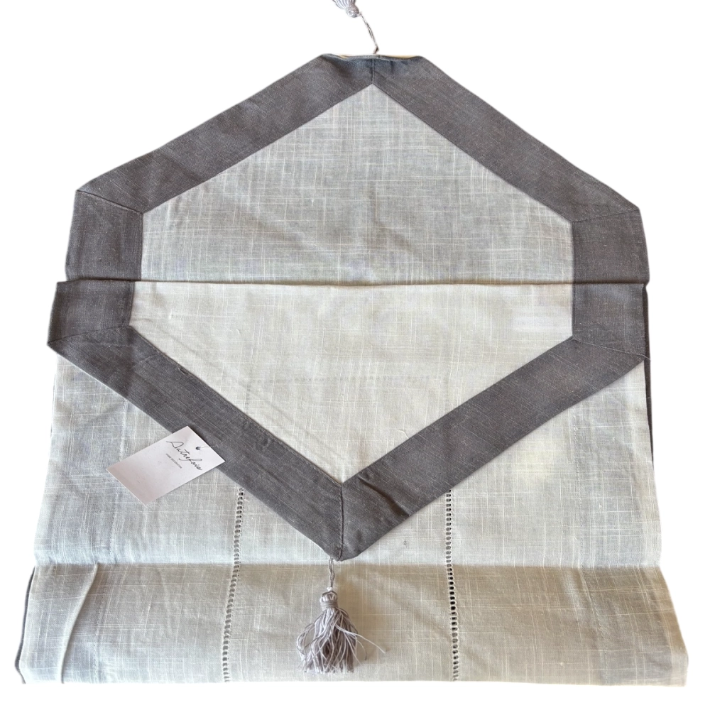 Chemin de table perle, couleur gris & blanc en coton & lin - 45x150 cm